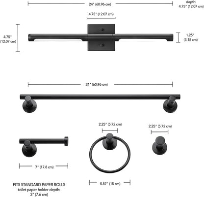 Globe Electric 63000203 5-Piece All-in-One Bathroom Set, 2-Light LED Vanity Light, Matte Black, 1200 Lumen, Towel Bar, Robe Hook, Toilet Paper Holder, Towel Ring, Bathroom Lights Over Mirror