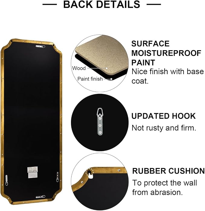 18" x 48" Full Length Wall Mirror, Large Brushed Gold Bathroom Mirror for Wall, Scalloped Corner Rectangle Body Mirror for Floor and Leaning