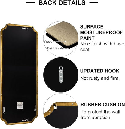 18" x 48" Full Length Wall Mirror, Large Brushed Gold Bathroom Mirror for Wall, Scalloped Corner Rectangle Body Mirror for Floor and Leaning