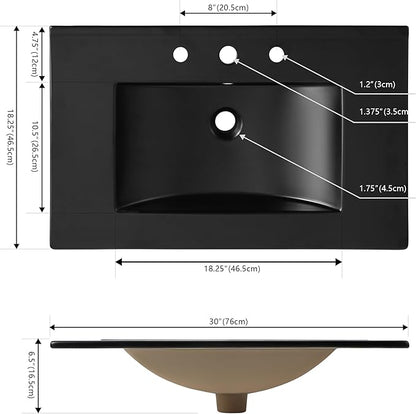 JONATHAN Y SNK1002B Ancillary 3-Hole 30 in. W x 18.25 in. D Classic Contemporary Rectangular Ceramic Single Sink Basin Vanity Top, Black