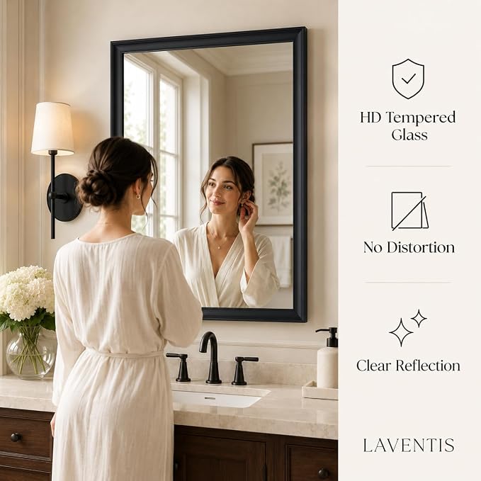 24x36 Inch Matte Black Bathroom Mirrors for Over Sink | Curved Aluminum Frame Rectangular Vanity Mirror, HD Tempered Glass, Rust-Resistant Wall Mirror for Bedroom & Entryway