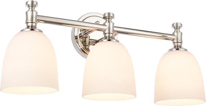 Bathroom Vanity Light, 3-Light Bathroom Light Fixtures Over Mirror, Traditional Vanity Lights for Living Room, Milk White Bell Glass Shades, Standard E26 Base, Polished Nickel
