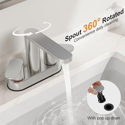 BWE Brushed Nickel Bathroom Faucets 4 in Centerset Faucet for Bathroom Sink | 2 or 3 Hole Basin 2-Handle 360° Swivel Spout Sink Faucet with Pop up Drain and Water Supply Hose for Farmhouse Vanity
