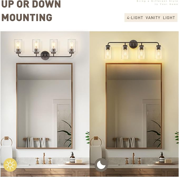 zeyu 30.6" 4-Light Bronze Bathroom Vanity Light, Clear Glass, ZS62B-4W ORB | Oil Rubbed Bronze Bathroom Light, 30.6-Inch 4-Light Design, Clear Glass Shades, Hardwired, Up/Down Mount, ETL Listed