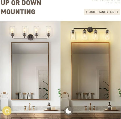 zeyu 30.6" 4-Light Bronze Bathroom Vanity Light, Clear Glass, ZS62B-4W ORB | Oil Rubbed Bronze Bathroom Light, 30.6-Inch 4-Light Design, Clear Glass Shades, Hardwired, Up/Down Mount, ETL Listed