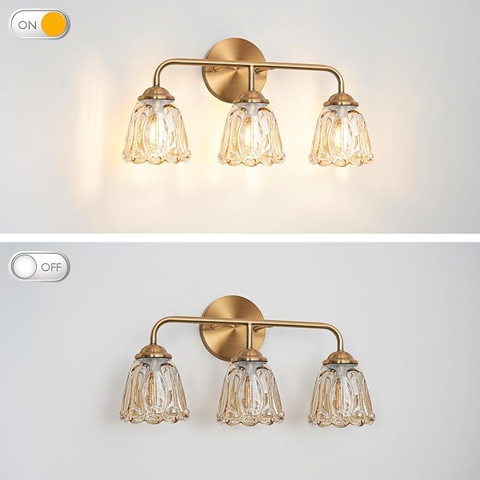 Vintage 3 Light Vanity Light, Gold Bathroom Vanity Light, Bathroom Light Fixtures with AmberGlass Shade, Antique Vanity Light Fixtures Over Mirror, Wall Sconce for Bedroom, Living Room