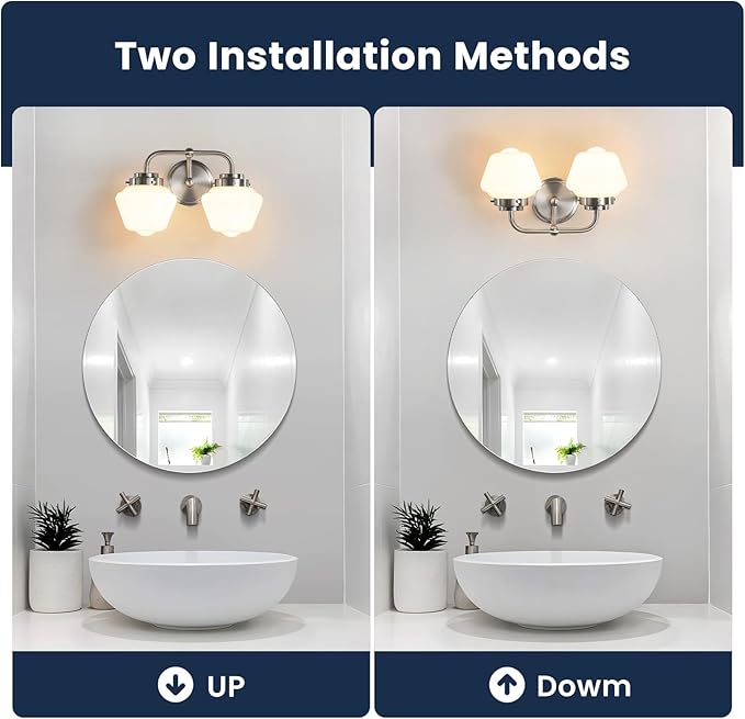 Bathroom Vanity Light Fixtures: 2-Lights Vanity Lighting Fixtures with Frosted Milky Glass Shades, Hardwired 11 in Brushed Nickel Vanity Lights Over Mirror (Exclude E26 Bulb)