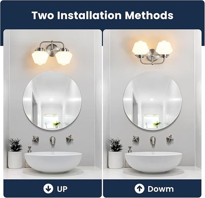 Bathroom Vanity Light Fixtures: 2-Lights Vanity Lighting Fixtures with Frosted Milky Glass Shades, Hardwired 11 in Brushed Nickel Vanity Lights Over Mirror (Exclude E26 Bulb)