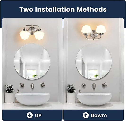 Bathroom Vanity Light Fixtures: 2-Lights Vanity Lighting Fixtures with Frosted Milky Glass Shades, Hardwired 11 in Brushed Nickel Vanity Lights Over Mirror (Exclude E26 Bulb)
