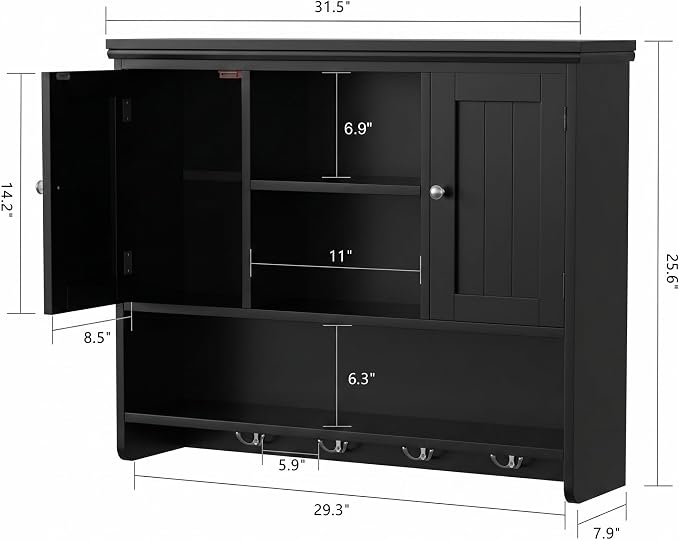 Bathroom Wall Cabinet with Doors and Hooks, 3-Tier Wall Mounted Cabinet | Modern Medicine Cabinet with 3 Open Shelves, Over the Toilet Storage Cabinet for Kitchen, Laundry Room, Living Room, Black