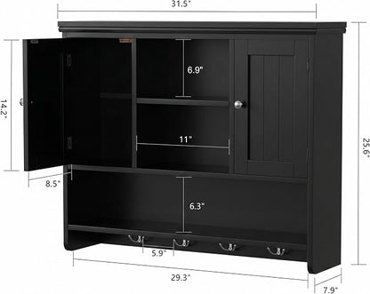 Bathroom Wall Cabinet with Doors and Hooks, 3-Tier Wall Mounted Cabinet | Modern Medicine Cabinet with 3 Open Shelves, Over the Toilet Storage Cabinet for Kitchen, Laundry Room, Living Room, Black