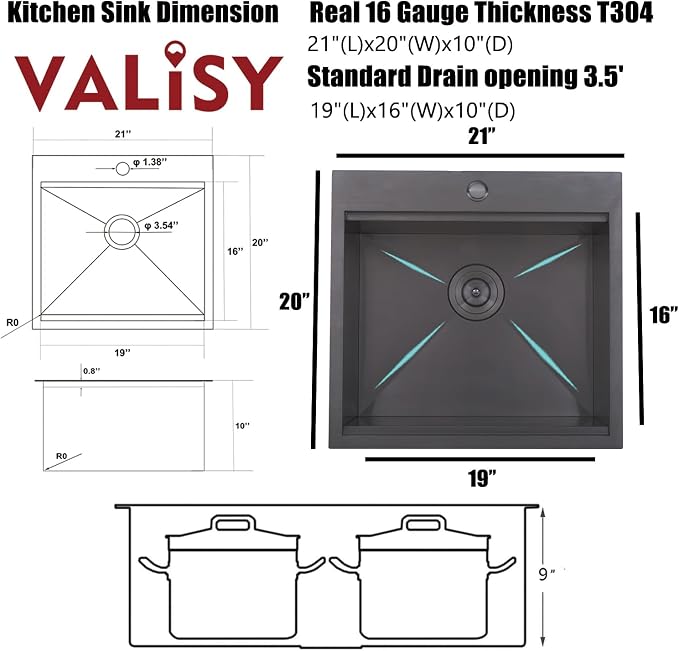 21x20 Inch Black Kitchen Sink, Drop in Bar Sink Black, Stainless Steel Square Small Topmount Workstation Sinks, Single Bowl for Laundry Office Wet Bar Prep RV Outdoor Yard