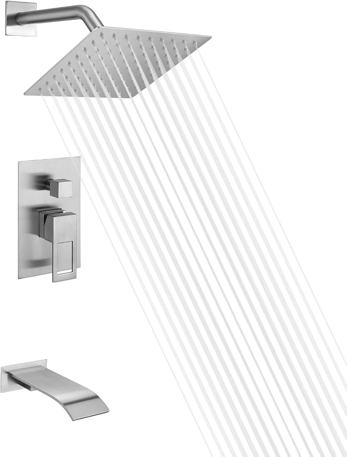 SUMERAIN Tub and Shower Faucet Set Brushed Nickel | Anti-scalding Pressure Balance Valve, 8" Rain Shower Head, Waterfall Tub Spout, With Non-return Check Valves
