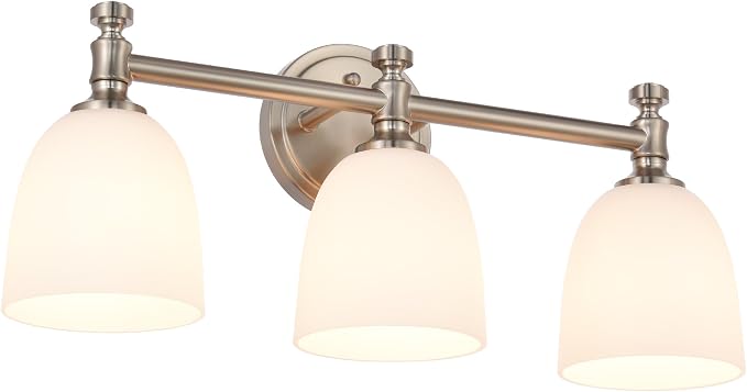 Bathroom Vanity Light, 3-Light Bathroom Light Fixtures Over Mirror, Traditional Vanity Lights for Living Room, Milk White Bell Glass Shades, Standard E26 Base, Brushed Nickel