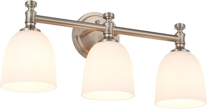 Bathroom Vanity Light, 3-Light Bathroom Light Fixtures Over Mirror, Traditional Vanity Lights for Living Room, Milk White Bell Glass Shades, Standard E26 Base, Brushed Nickel