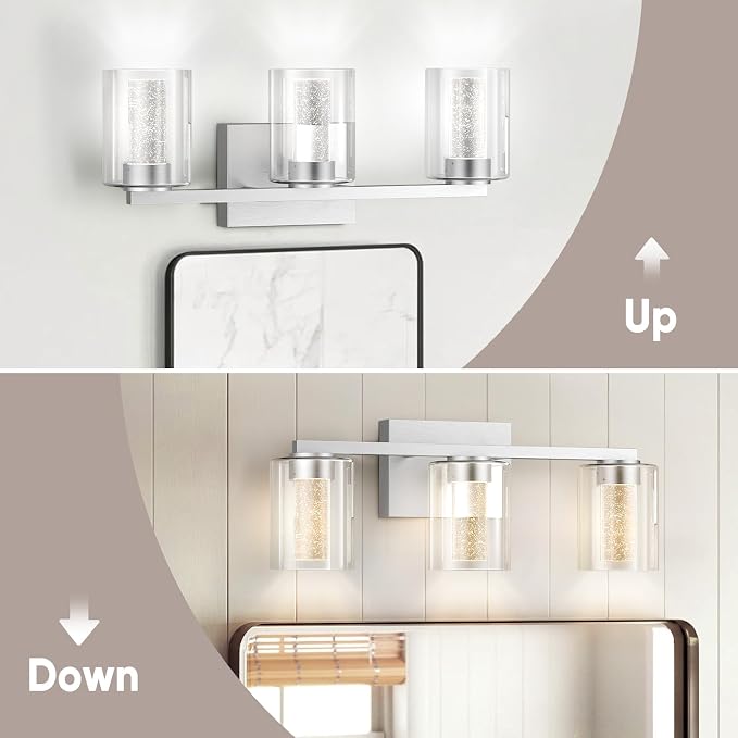 LED Modern Bathroom Light Fixtures Over Mirror, 3-Light Brushed Nickel Vanity Lights with 5 Color Modes, Dimmable Bathroom Vanity Light with Crystal Bubble Glass, 2700K-6500K Adjustable, ETL