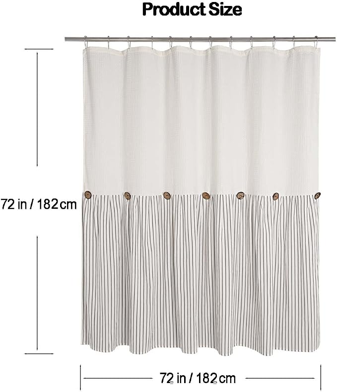 DOSLY IDÉES Farmhouse Shower Curtain, Beige and Gray Striped, Spa Beige Waffle, Button Curtain, Cotton Woven Fabric, Country, Rustic, Shabby Chic, 72x72 in