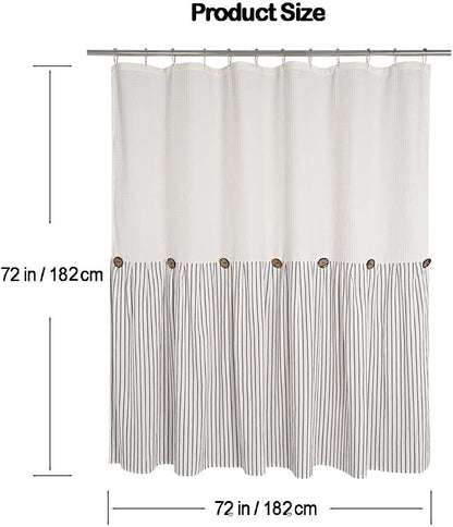 DOSLY IDÉES Farmhouse Shower Curtain, Beige and Gray Striped, Spa Beige Waffle, Button Curtain, Cotton Woven Fabric, Country, Rustic, Shabby Chic, 72x72 in