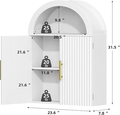 Kalrin Arched Wall Cabinet, Large Wood Bathroom Cabinet Wall Mounted Cupboard, Modern Floating Storage Cabinet with Acrylic Door Adjustable Shelf, Wood Organizer White
