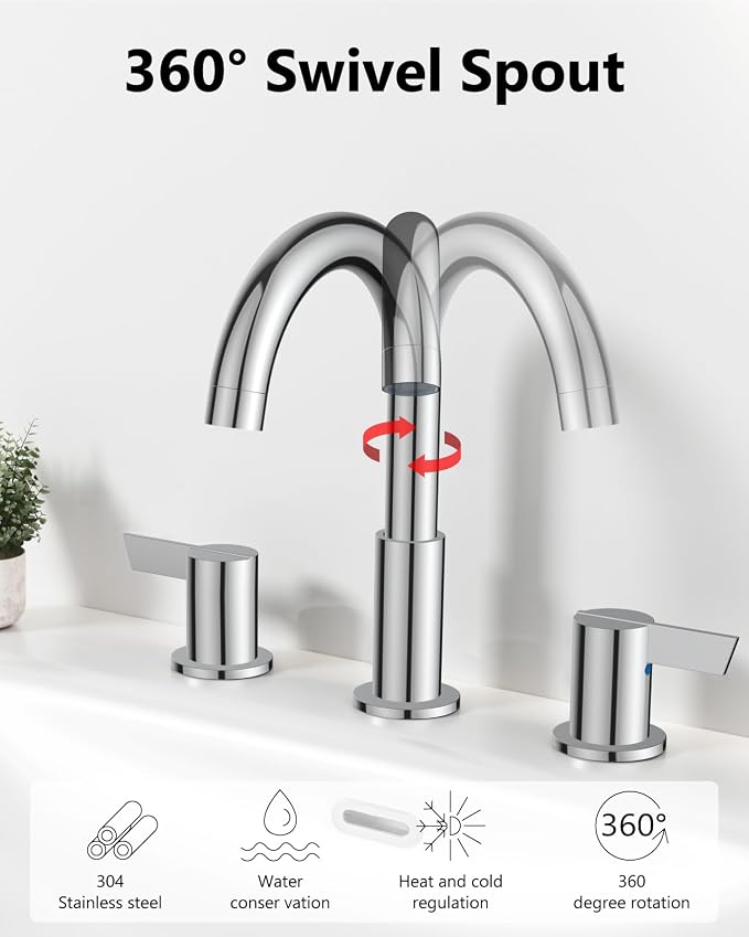 Polish Chrome Bathroom Faucet 3 Hole, 8 Inch Widespread 2-Handle | SUS304 Stainless Steel, 2-Handle Control, Pop-Up Drain, Supply Lines and Mounting Hardware for 8-Inch Widespread Vanity Sinks
