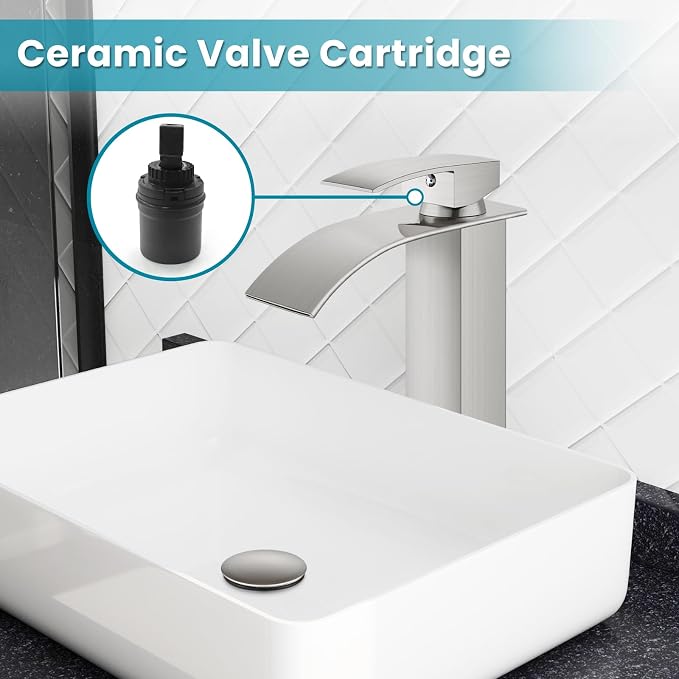 gotonovo Modern Waterfall Tall Bathroom Faucet 1 Hole, Brushed Nickel | Vessel Sink Faucet Single Handle 304 Stainless Steel,Pop Up Drain,24" cUPC Supply Line,for Lavatory Vanity Restroom Basin RV