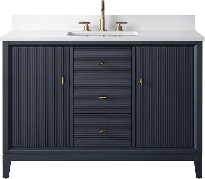 Vanity Art 48" Bathroom Vanity with Single Sink & Arabescato White Engineered Stone Top, Soft Closing Door, Solid Wood Frame, Golden Brushed Handles, Vintage Spruce Blue VA8148-VSB-GB