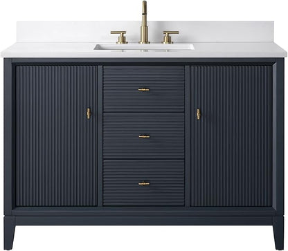 Vanity Art 48" Bathroom Vanity with Single Sink & Arabescato White Engineered Stone Top, Soft Closing Door, Solid Wood Frame, Golden Brushed Handles, Vintage Spruce Blue VA8148-VSB-GB