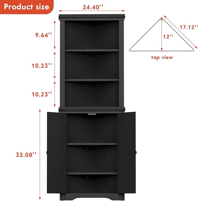 YESHOMY Corner Cabinet, Storage Cupboard with Doors, Black | Tall Storage Cabinet with Adjustable Shelves, for Living Room, Bathroom, Kitchen