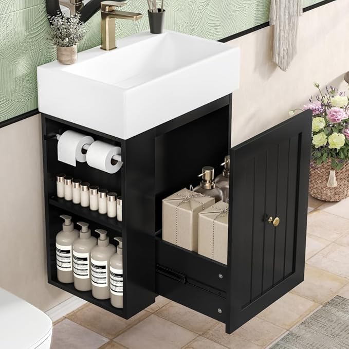 20" Floating Small Bathroom Vanity with Sink, Wall Mounted Vanity for Compact Bathrooms, Space-Saving Narrow Bathroom Vanities with Soft-Close Drawer Open Shelf Towel Bar (Black,20" Floating Drawer)