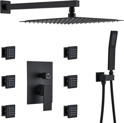 Rain Shower System With Complete 6 Pcs Body Sprays Jets And Pressured Balance Rough-in Valve,12Inch Rainfall Shower Head And Handheld, Modern Matte Black Wall Mount Shower Faucets Sets