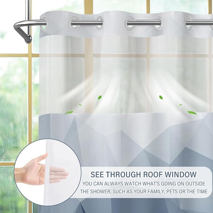 No Hook Shower Curtain with Snap in Liner Set, Blue, 71x74 | Waterproof Fabric for Bathroom, Modern Hotel Style Ombre Design, Mesh Top Window, Machine Washable, Quick Install
