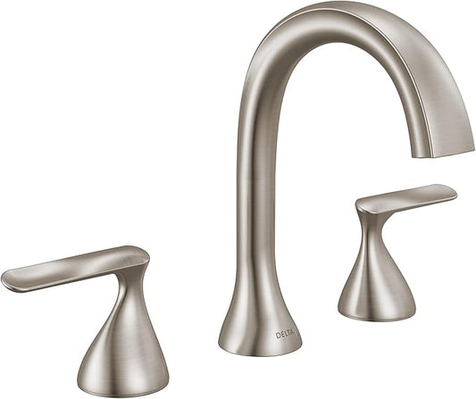 Delta Bonacci Brushed Nickel Bathroom Faucet 3 Hole, 8 Inch Widespread Bathroom Sink Faucet for Vanity, Metal Push-Pop Drain Assembly, Lumicoat Stainless 3545-SS-PR-DST