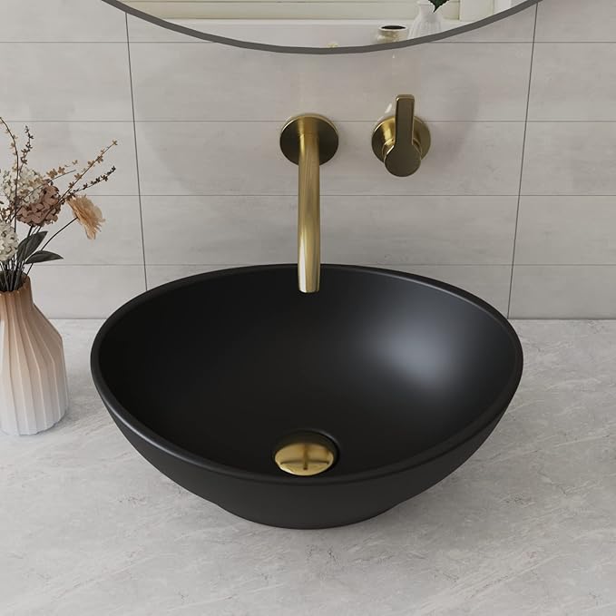 DeerValley DV-1V0011 Horizon Black Bathroom Sink, 16"x13" Oval Bathroom Vessel Sink Above Counter Vanity Ceramic Sink