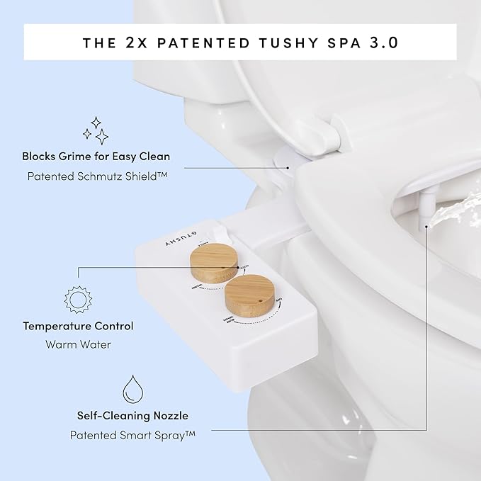 TUSHY Spa Warm Water Bidet Attachment for Toilet. Universal Fit, Easy Install (Requires Sink Access for Optional Temperature Control) Self Cleaning, Adjustable Pressure, Angle Control, Bamboo