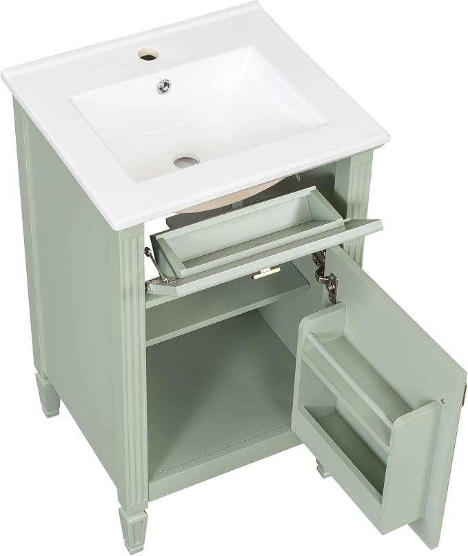 GDFStudio Hawthorne 20" Modern Bathroom Vanity with Sink, Freestanding Bathroom Vanity Organizer with Tilt Out Drawer, Adjustable Shelf and Solid Wood Legs, Single Sink Bathroom Vanity, Green