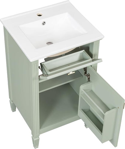 GDFStudio Hawthorne 20" Modern Bathroom Vanity with Sink, Freestanding Bathroom Vanity Organizer with Tilt Out Drawer, Adjustable Shelf and Solid Wood Legs, Single Sink Bathroom Vanity, Green