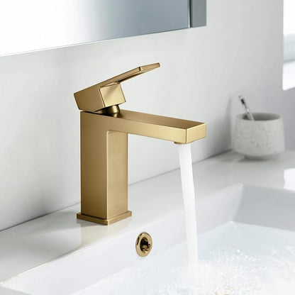 Solid Brass Single Handle Bathroom Sink Faucet with Pop-Up Drain, High Arc Cubic Spout Lavatory Faucet in Brushed Brass, Corrosion-Resistant, Modern Design