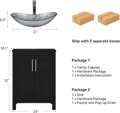 YOURLITE 24" Bathroom Vanity with Sink, White Bathroom Vanity and Sink Combo with Faucet & Pop Up Drain Set,Traditional Vanity with Blue Glass Boat Bathroom Sink