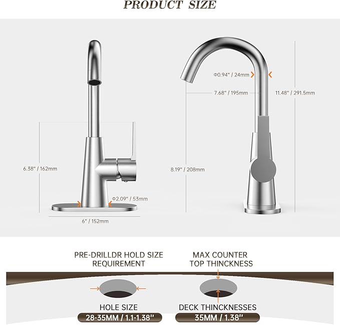 Phiestina Single Hole Brushed Nickel Bathroom Sink Faucet/Bar Sink/Pre-Kitchen Sink Faucet with 4 Inch Deck Plate,Drain and Supply Hoses, WE10-BN