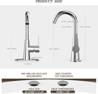 Phiestina Single Hole Brushed Nickel Bathroom Sink Faucet/Bar Sink/Pre-Kitchen Sink Faucet with 4 Inch Deck Plate,Drain and Supply Hoses, WE10-BN