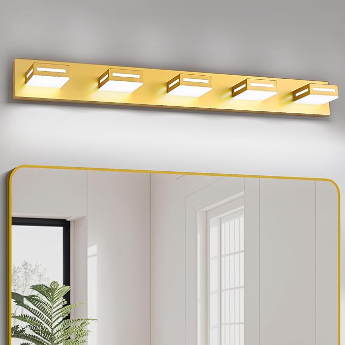 LED Modern Bathroom Light Fixtures, 5-Light 40-Inch Gold Vanity Lights for Bathroom Lighting Fixtures Over Mirror, 350° Rotatable Acrylic, 6000K Cool White Wall Lamp