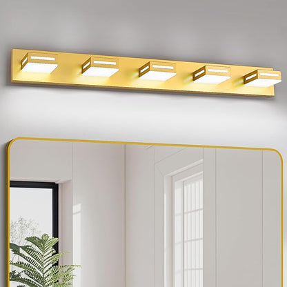 LED Modern Bathroom Light Fixtures, 5-Light 40-Inch Gold Vanity Lights for Bathroom Lighting Fixtures Over Mirror, 350° Rotatable Acrylic, 6000K Cool White Wall Lamp