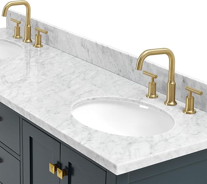 ARIEL Cambridge 66-inch Bathroom Vanity with Sink,Solid Wood, 0.75-inch Italian Carrara Marble Countertop, Double Oval Porcelain Sink, 4 Soft Closing Doors, 6 Dovetail Drawers, Midnight Blue