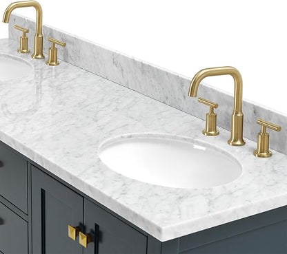 ARIEL Cambridge 66-inch Bathroom Vanity with Sink,Solid Wood, 0.75-inch Italian Carrara Marble Countertop, Double Oval Porcelain Sink, 4 Soft Closing Doors, 6 Dovetail Drawers, Midnight Blue