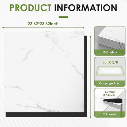 RORA 24x24 Inch Peel and Stick Floor Tile 10-Pack Waterproof Vinyl | Covers 40 Sq.Ft, Self-Adhesive, Easy DIY install, White Marble Vinyl Floor Tiles for Bathroom, Kitchen, Laundry & Office
