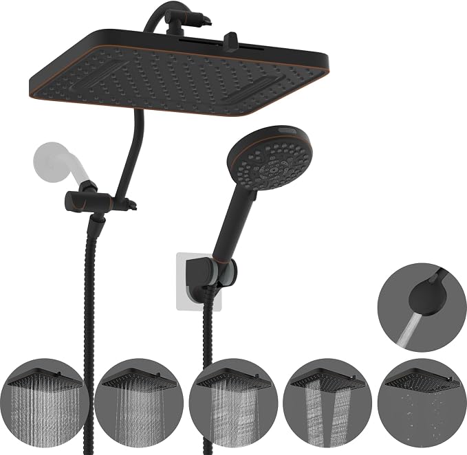 Hibbent 13'' 5-spray Rain Shower Head, 10-Spray Handheld, Oil Rubbed Bronze | cUPC Certified High Pressure Dual Showerhead Combo, Upgraded Rainfall Shower Head, 12'' Extension Arm, 71'' Hose & Holder