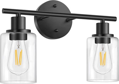 Bathroom Light Fixtures, 2 Light Black Vanity Light, Wall Sconces Lighting | Modern Bath Wall Mounted Lights with Glass Shade, Porch Wall Lamp for Mirror, Living Room, Bedroom, Hallway, Cabinet