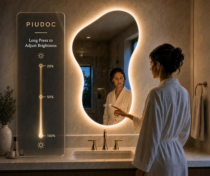 Irregular Led Bathroom Mirror with Lights 20x32 Inch, Backlit Asymmetrical Led Bathroom Mirror for Wall, Lighted Vanity Mirror with Lights, Anti-Fog, Dimmable 3 Colors, Shatter-Resistant