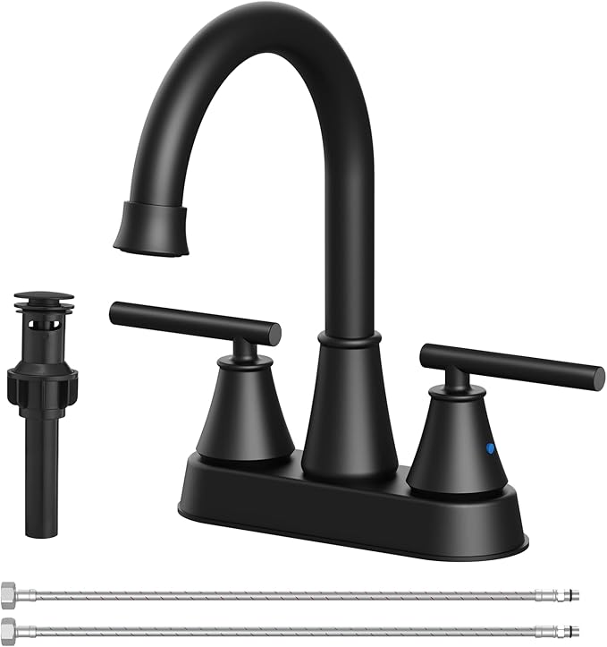 Bathroom Sink Faucet 4 Inch 2 Handle Centerset Matte Black Lead-Free Modern Bathroom Faucet Vanity Faucet with Pop-up Drain Stopper and Supply Hoses