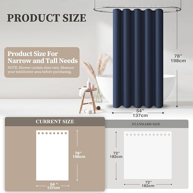 54x78 Linen Textured Waterproof Fabric Shower Curtain Set, Navy Blue | Narrow Long Size, 230GSM Polyester, Heavy Duty Cloth, Weighted Hem, 10 Hooks, Modern Luxury Hotel Style, Machine Washable